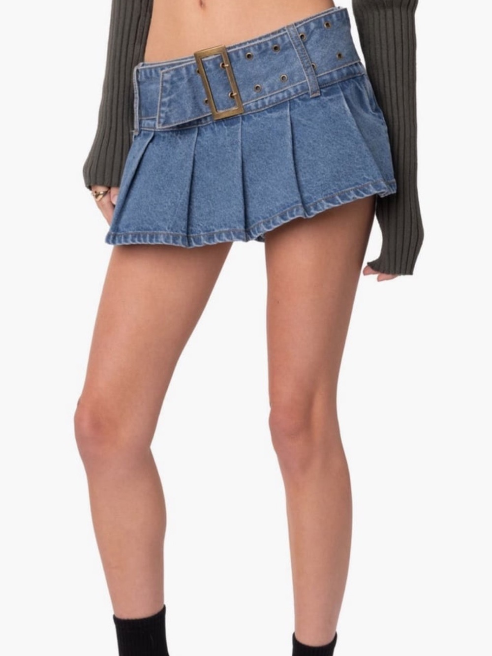NWT Edikted Pleated Blue Denim Mini Skirt Skort with Wide Buckle Belt XS